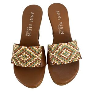 Anne Klein Beaded Plateform Wood Wedge Sandals Sz 10